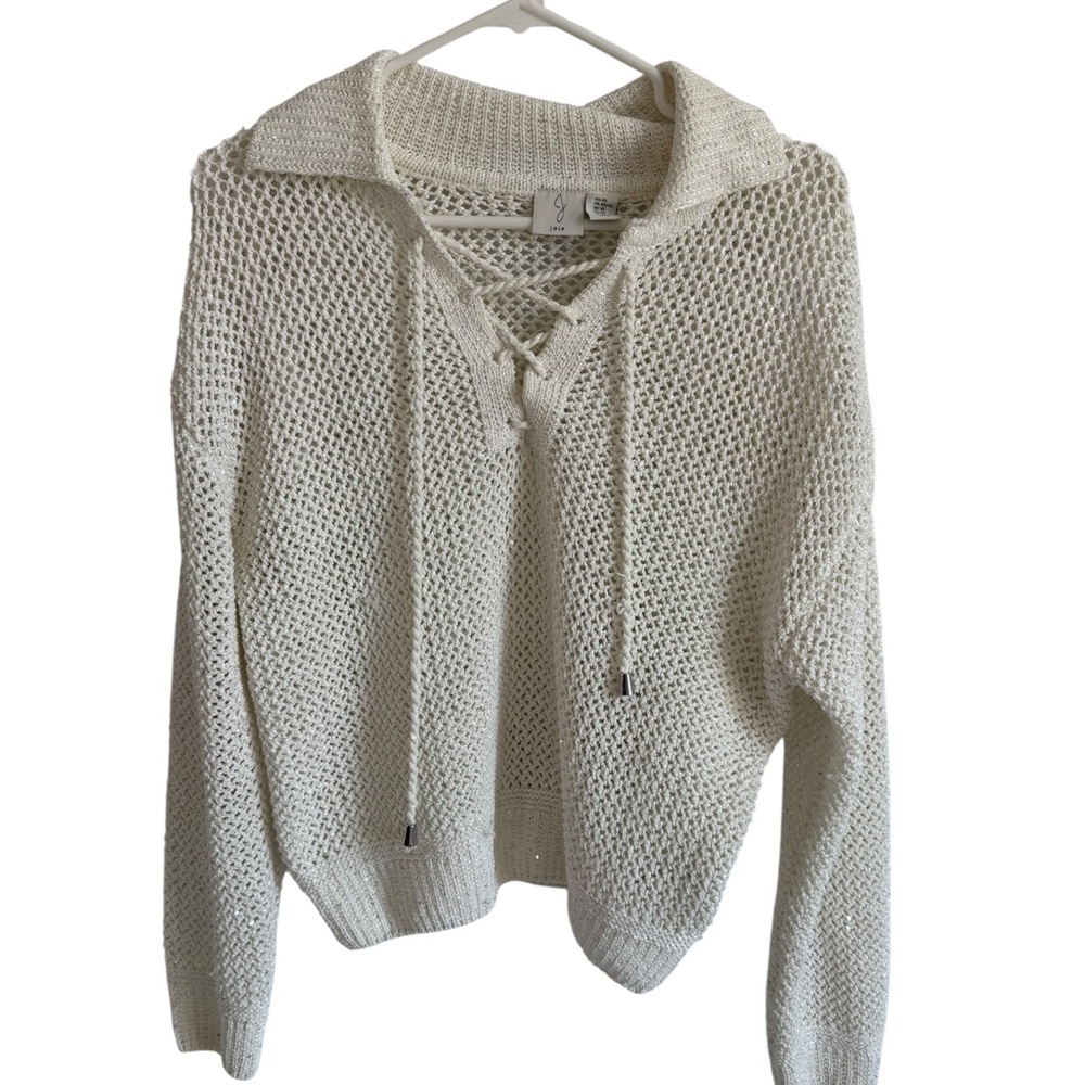 Joie Anthropologie White Sequin Mesh 3/4 Collared Sweater, Size XS